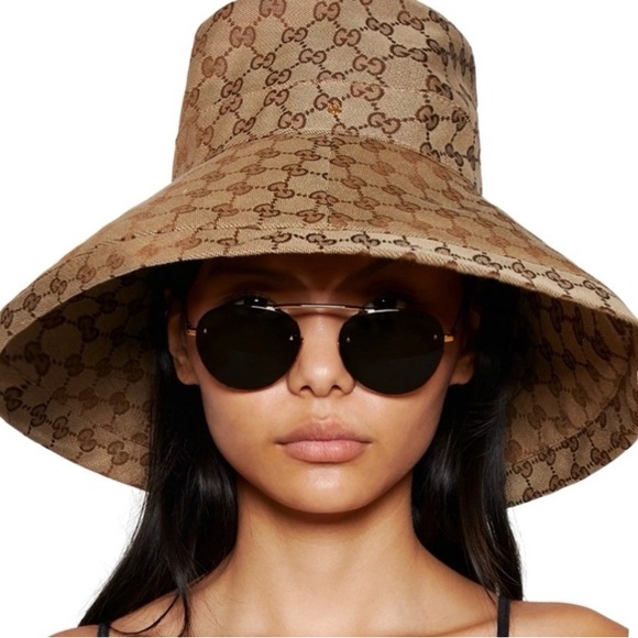 Gucci GG Bucket Hat Monogram Wide Large Brim Beige Canvas Sun Coverage Beach - Picture 7 of 16